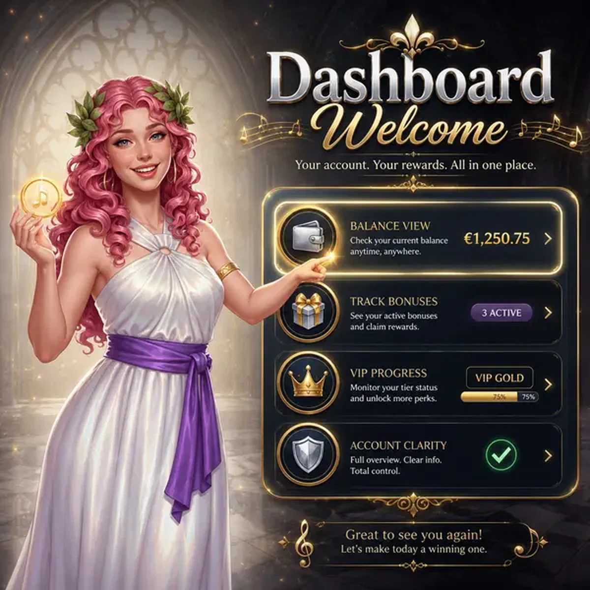 Personaggio che interagisce con pannello digitale del saldo mostrando progresso VIP mentre il giocatore accede alla Dashboard di benvenuto per giocatori di ritorno