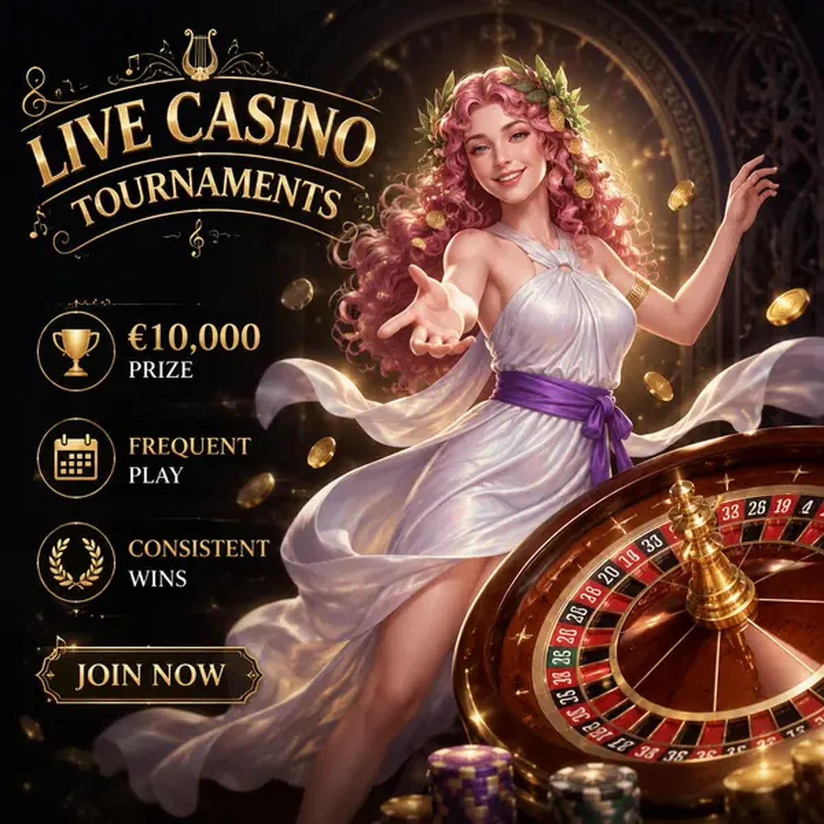 Melody muse danza intorno alla ruota della roulette nei tornei del live casino di Lira Spin