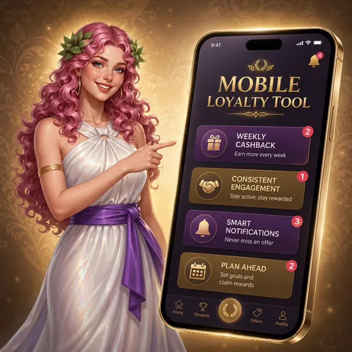 Melody muse che indica le notifiche dell'app mobile Lira Spin per i premi cashback settimanali