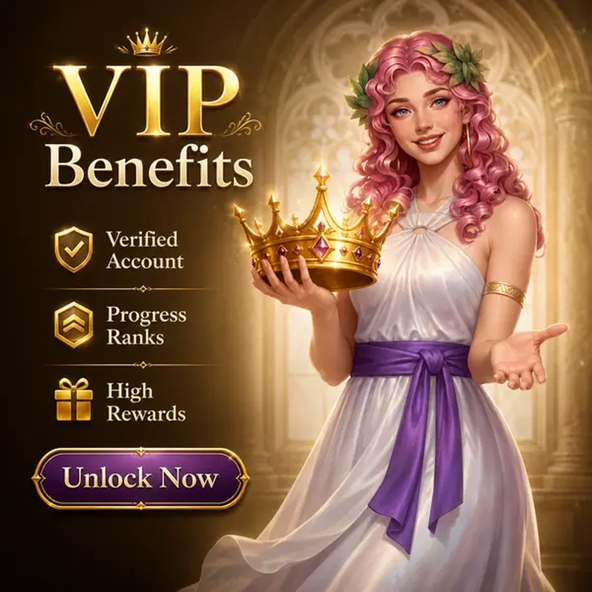 Musa elegante che tiene una corona dorata mentre il giocatore completa la verifica presso Vantaggi VIP Che Si Aprono Dopo la Verifica del Conto Lira Spin