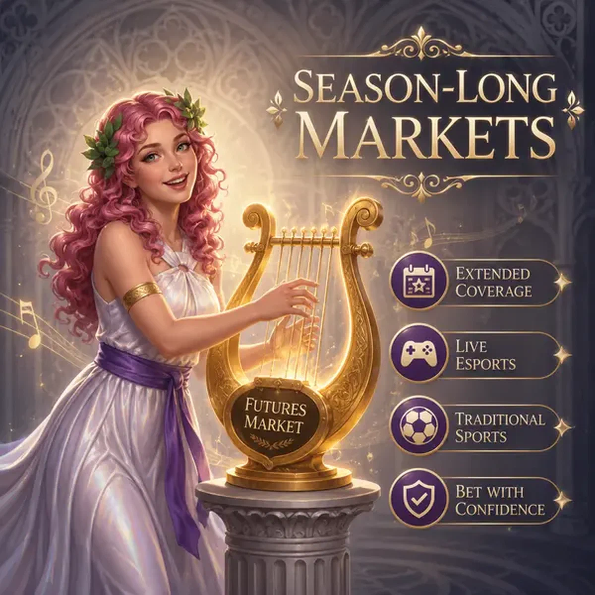 Melody muse suona la lira luminosa nella sala Mercati Stagionali e Outrights delle scommesse sportive