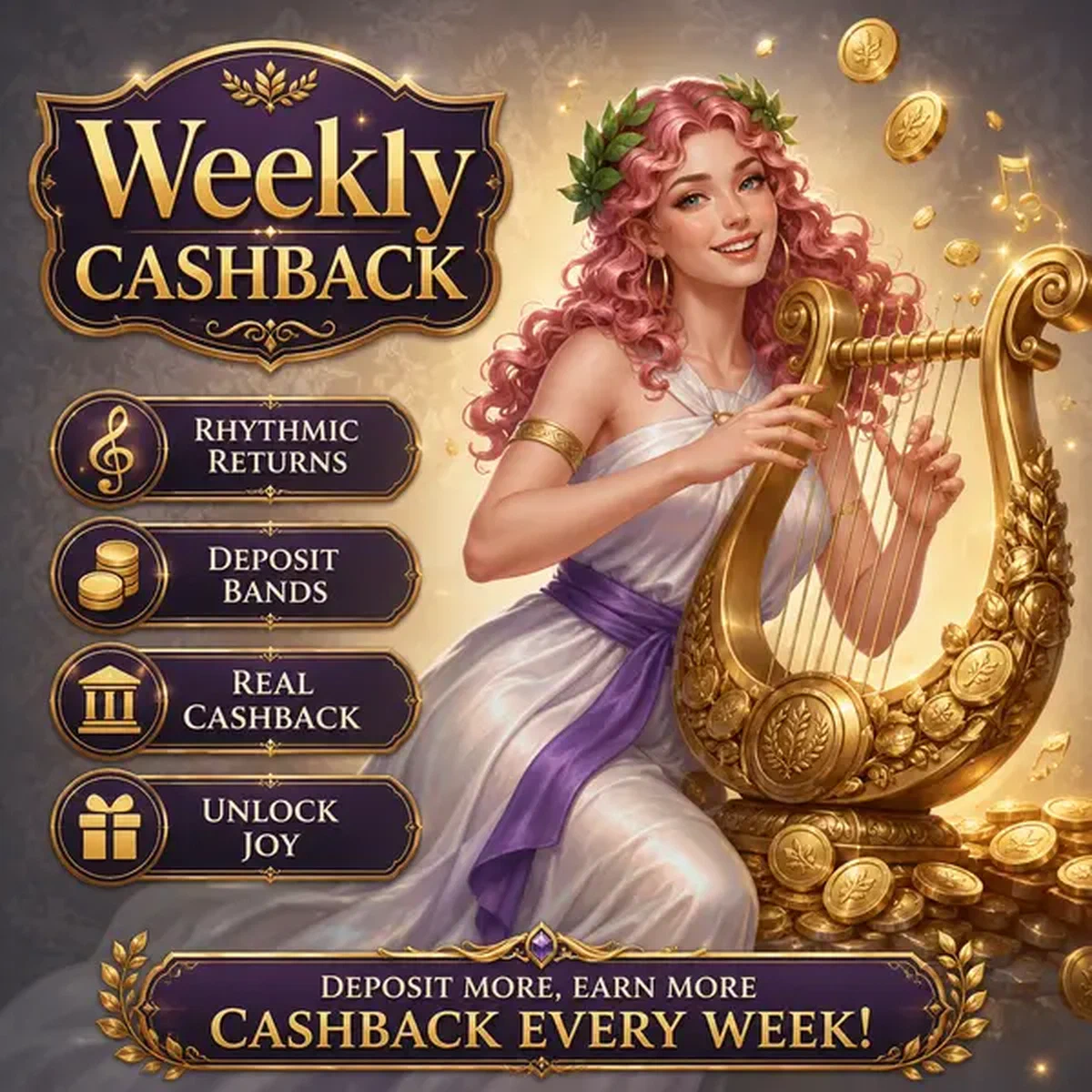 Musa spiritosa che suona la lira con monete scintillanti nella sala bonus Weekly Cashback Rhythm and Deposit Bands