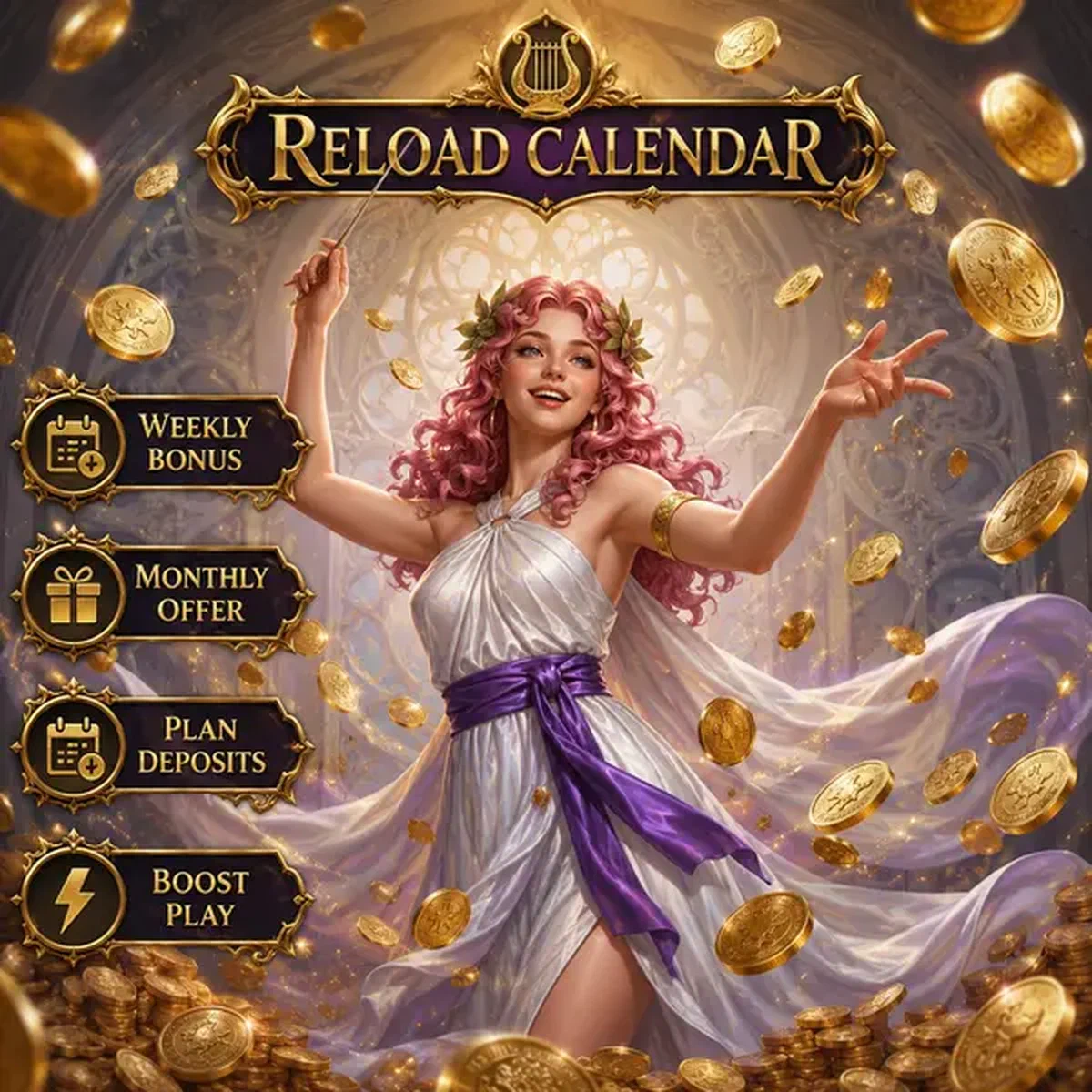 Melody muse dirige pioggia di monete al Calendario Ricarica Settimanale e Mensile mentre il giocatore pianifica i depositi
