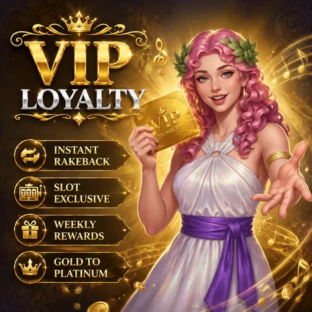 Musa Melody che tiene carta VIP dorata alla vetrina premi fedeltà Lira Spin