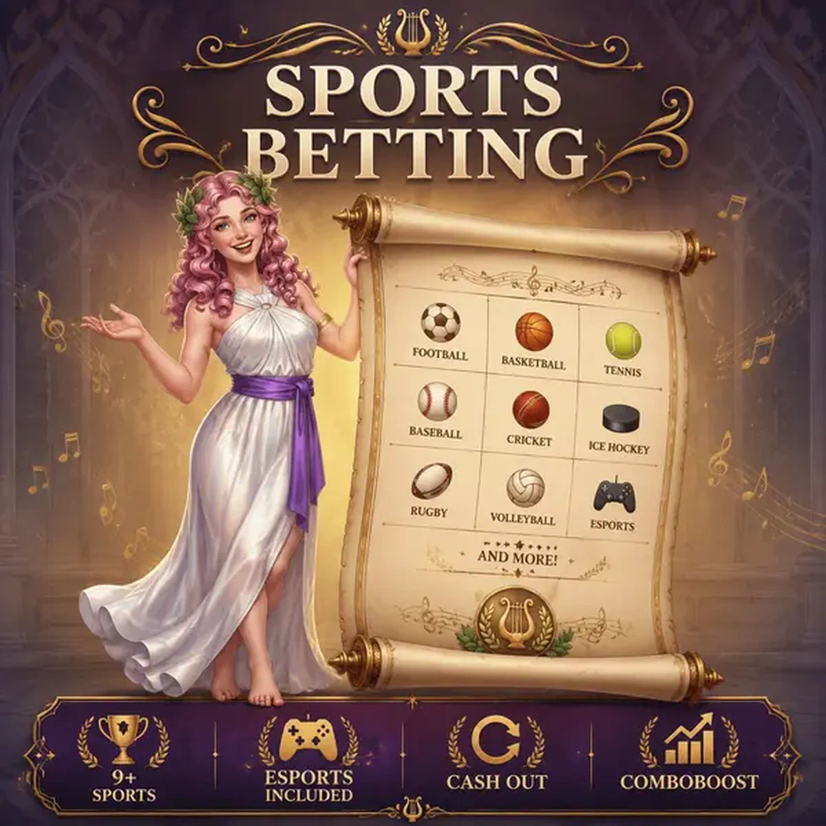 Musa mascotte Melody che tiene pergamena ornata scommesse sportive al portale sportsbook Lira Spin Sports Betting