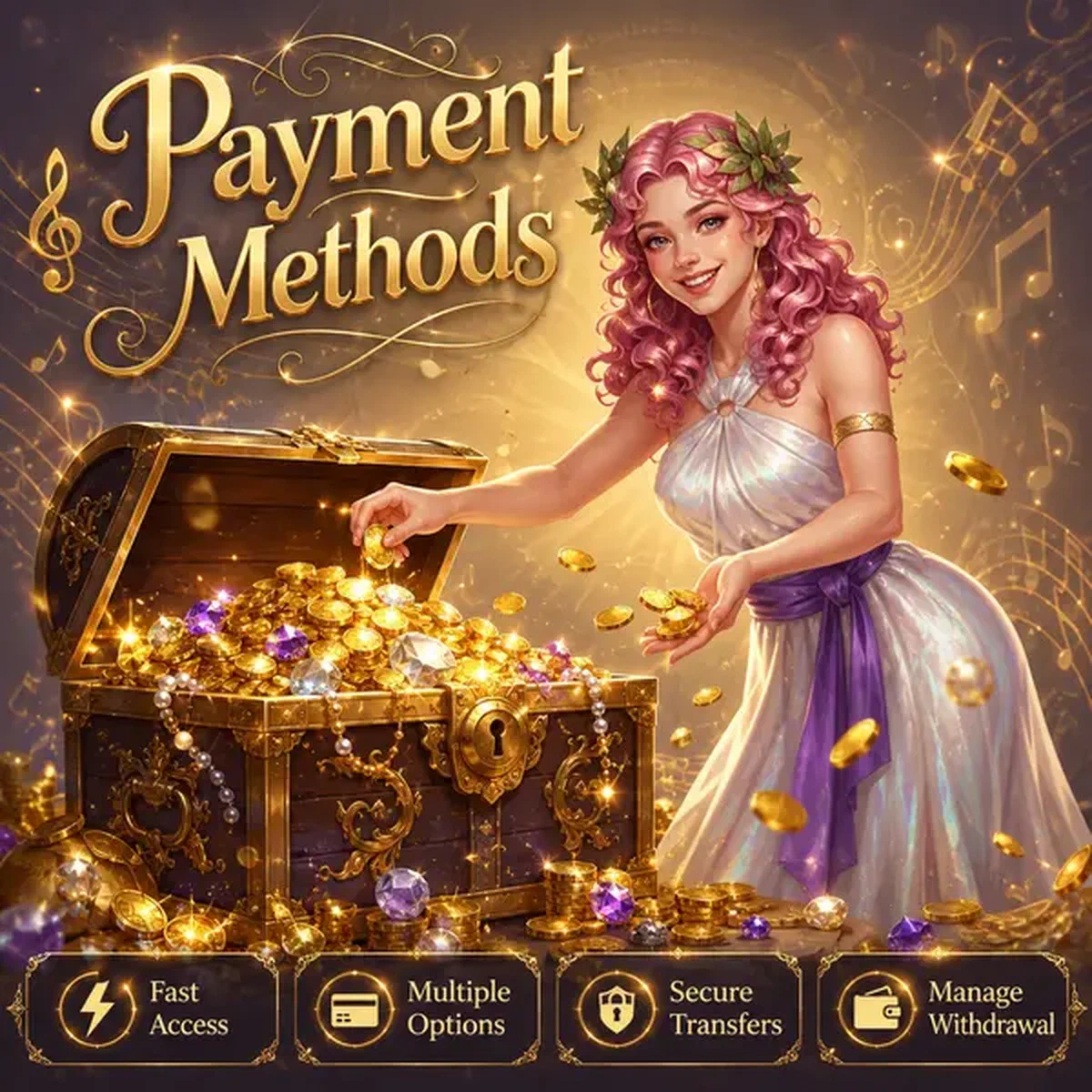 Musa Melody che celebra metodi di pagamento su Lira Spin con forziere di monete dorate