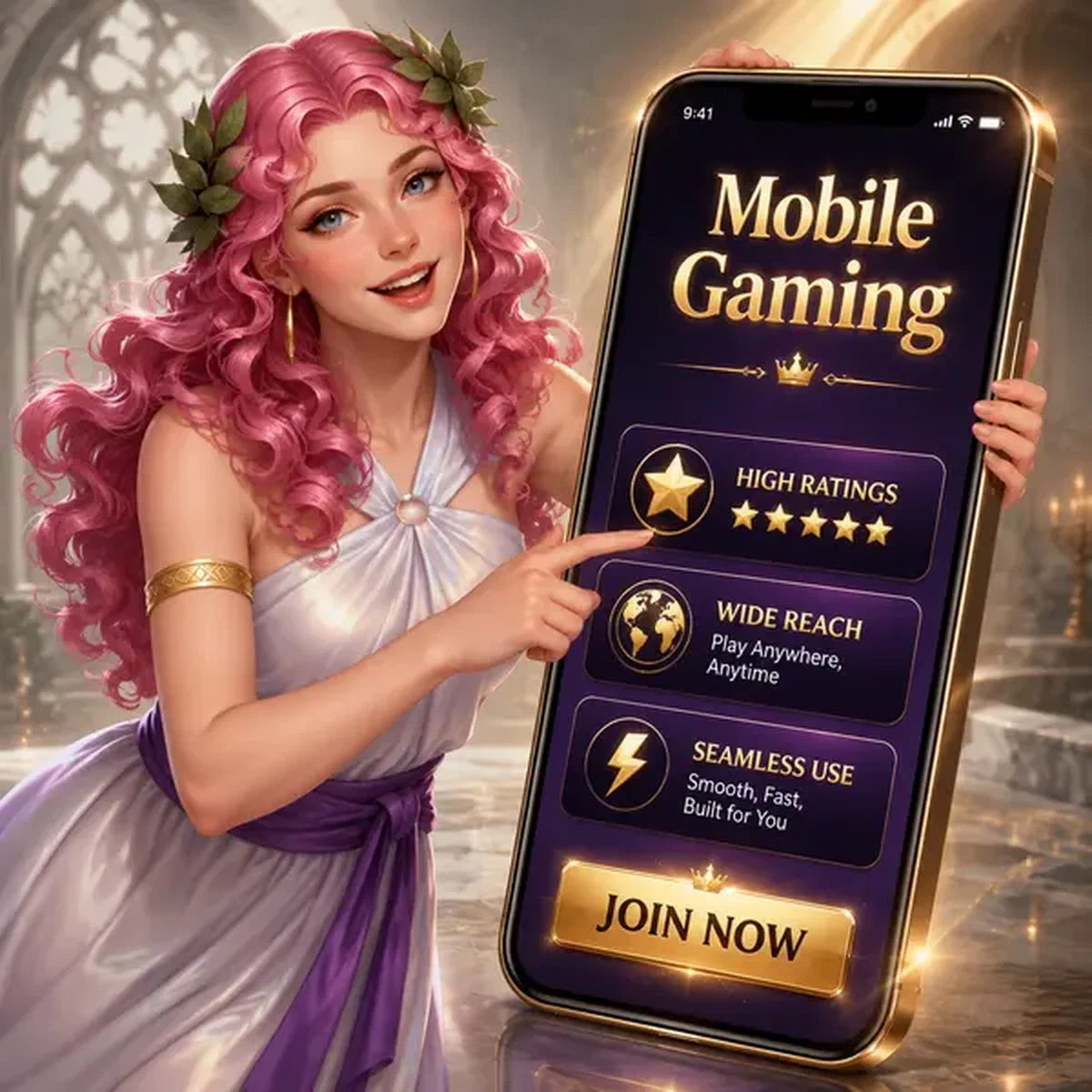 Personaggio spiritoso che interagisce con app mobile Lira Spin su schermo smartphone luminoso